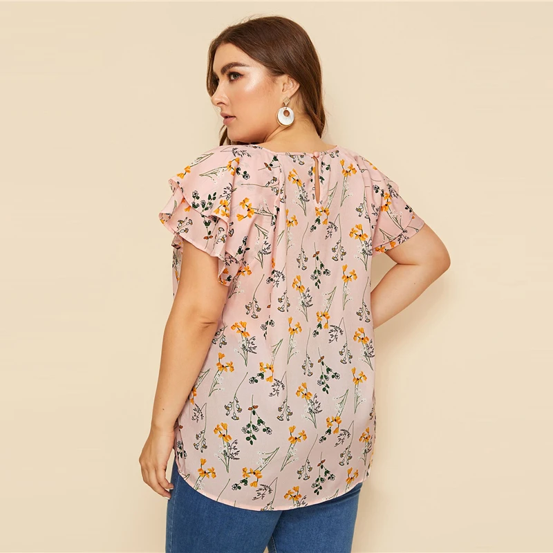 SHEIN размера плюс колье на шее многослойное платье с оборками на рукавах, ботанический Блуза Топ Для женщин летние Повседневное Цветочный принт вырезами блузки