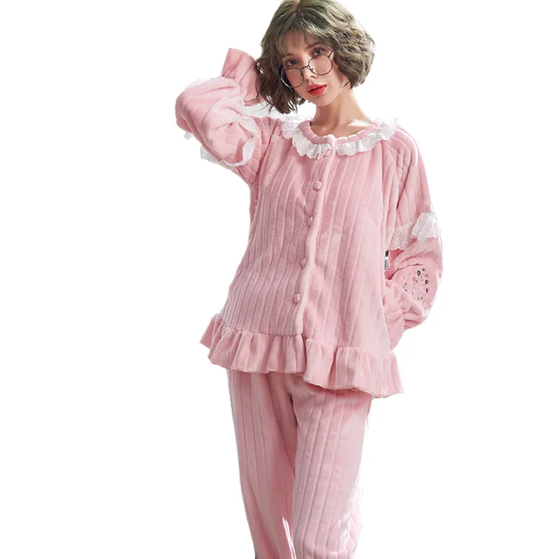

Postpartum Women Pajamas Flannel Long Sleeve Maternity Cardigan+Trousers Pregnant Nursing Bedgown Set Turn-down Collar Nightgown
