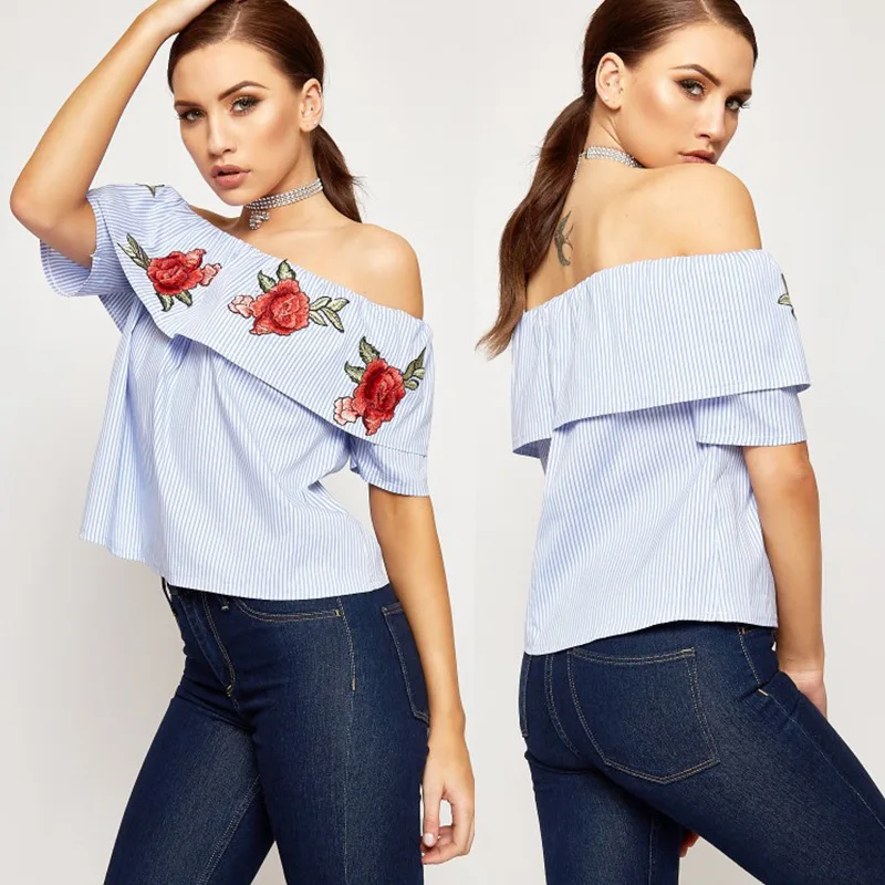 2019 Sexy women shirt with collar shoulder and back embroidered rose stripes |