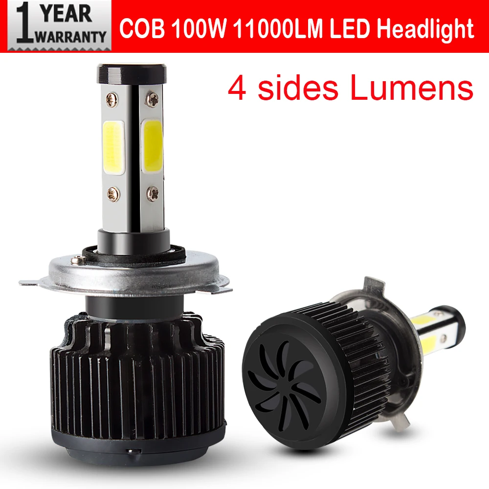 Новинка 4 боковых люменов COB 100 Вт 11000lm H4 Hi lo H7 H11 9005 9006 Автомобильные светодиодные