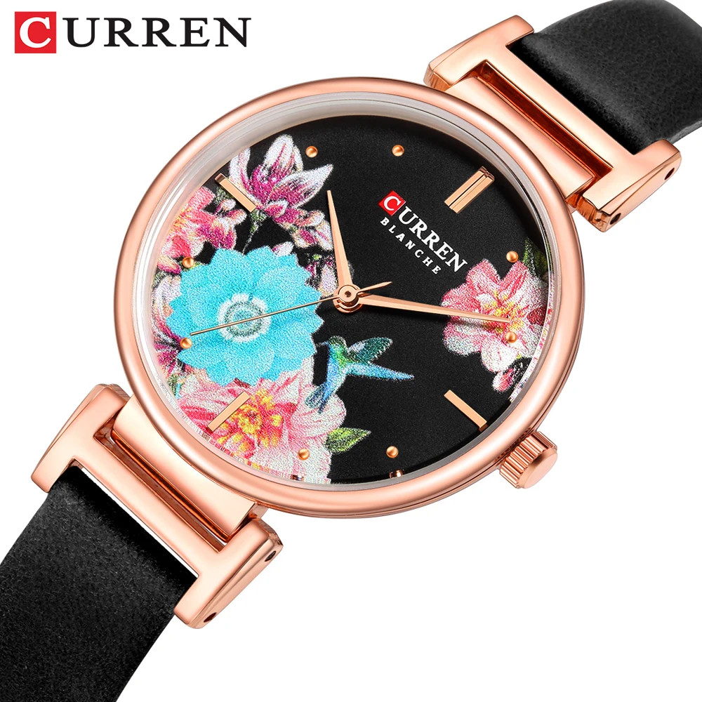 

CURREN Womens Watches Flower Bird Black Reloj Mujer Slim Dial Lady Dress Quartz Leather Belt Bracelet Wrist Watch Zegarek Damski