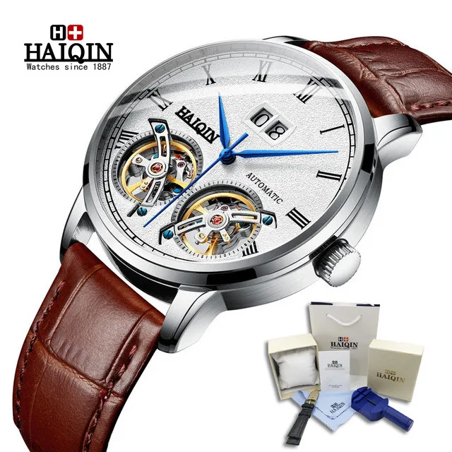 L-silver white Бизнес Автоматическая техника двойной турбийон часы для мужчин HAIQIN мужские s часы лучший бренд класса люкс военные спортивные часы reloj hombre - Color: L-silver white