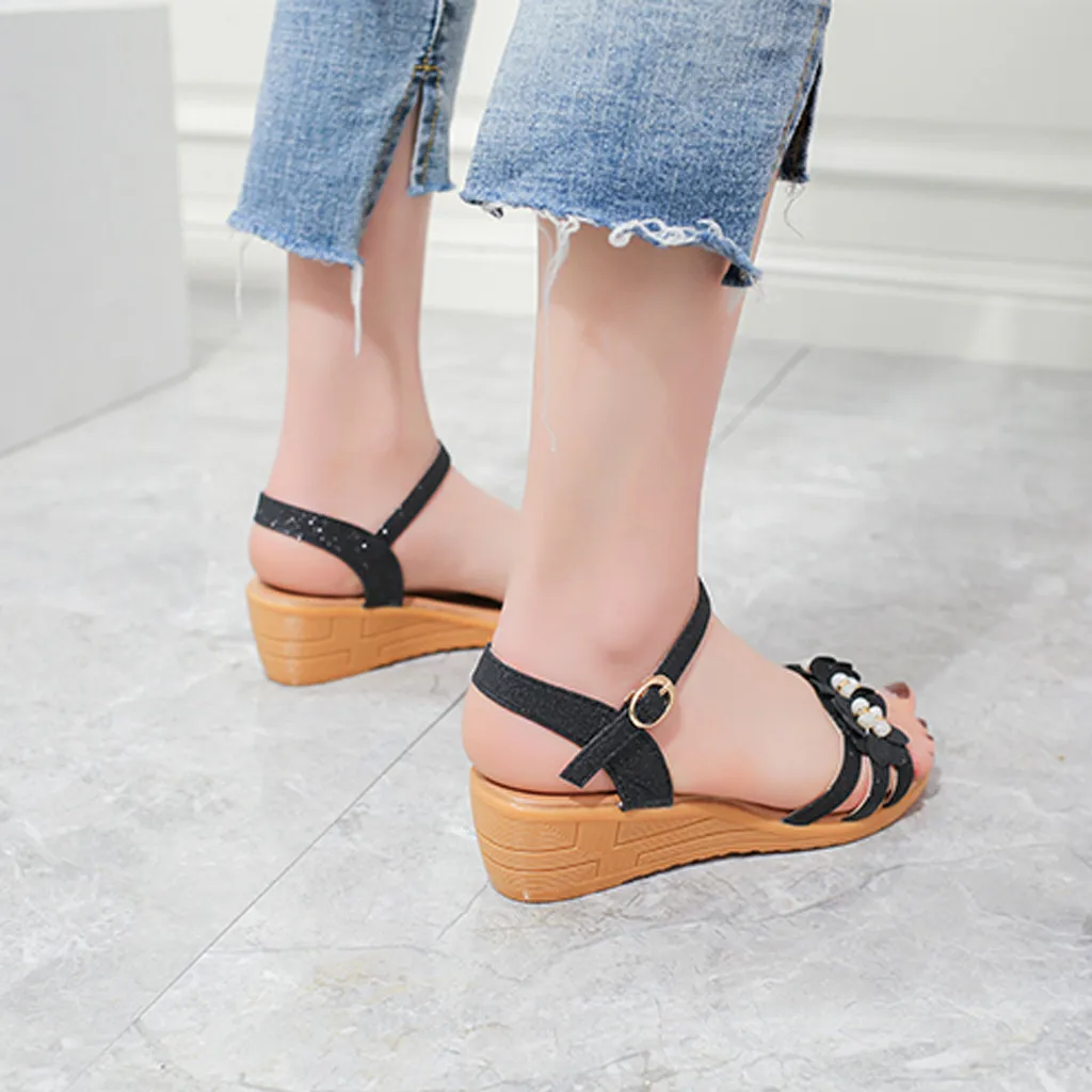 Женские пляжные сандалии SAGACE розовые в римском стиле с цветами на танкетке для