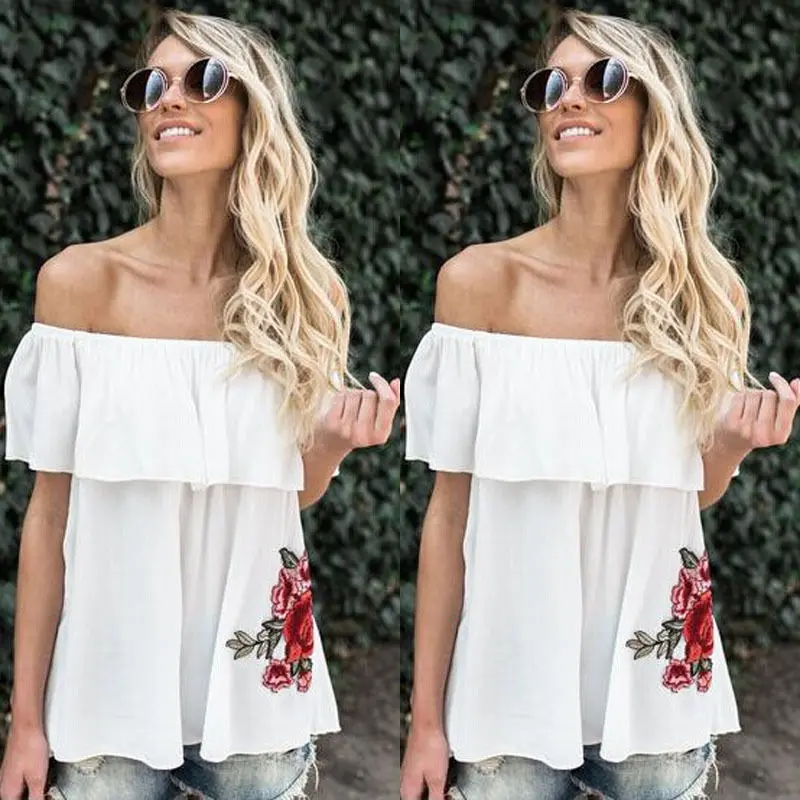 Футболка с вышивкой 2017 новое поступление Летняя женская футболка открытыми