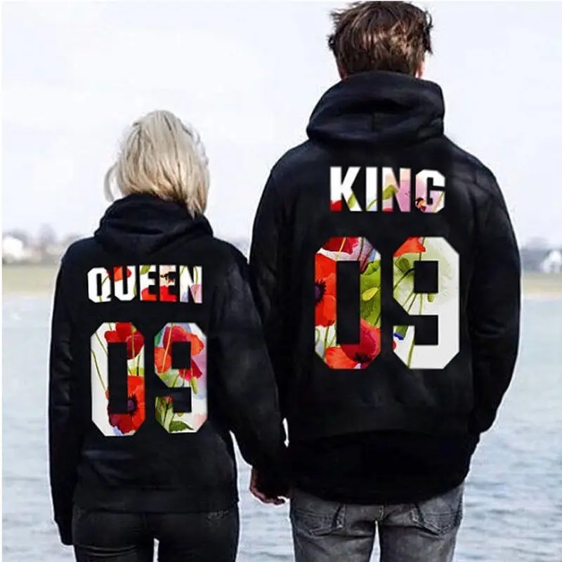 Толстовки для пар с принтом King and Queen Модный пуловер длинными рукавами и капюшоном