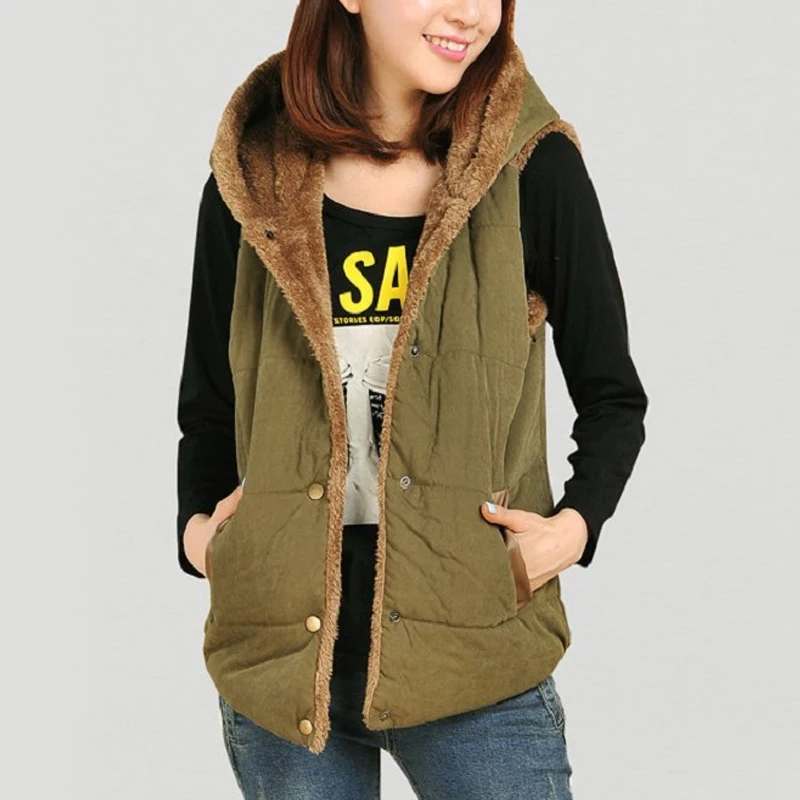 

2021 New Autumn Winter Female Hooded Fur Waistcoat Thick Warm Cotton Vest Fashion Single Breasted Outerwear Plus Size Coats