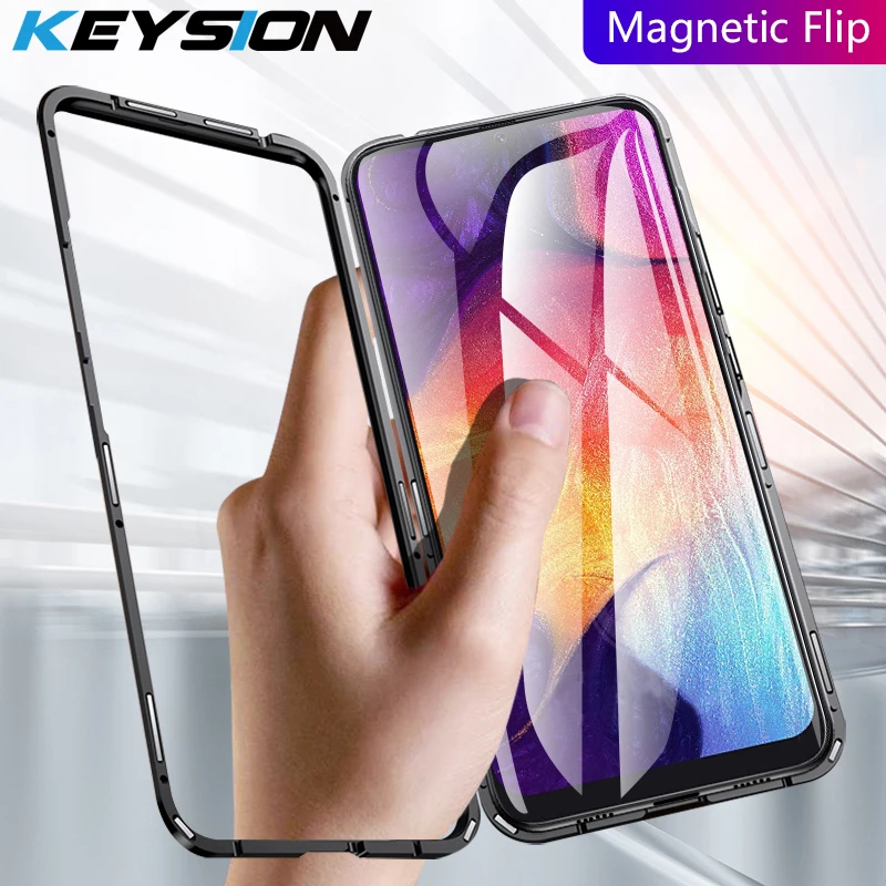 KEYSION Магнитный чехол для телефона samsung Galaxy A50 A30 A70 прозрачное закаленное стекло+ металлическая жесткая задняя крышка для M10 M20 M30