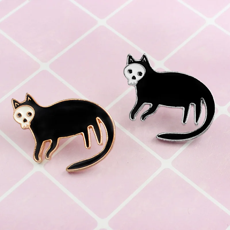 GDHY Skeleton Black Cat Brooch Skull Face Brooches Enamel Pin Backpack Shirt Collar Lapel Badges Jewelry Gifts | Украшения и