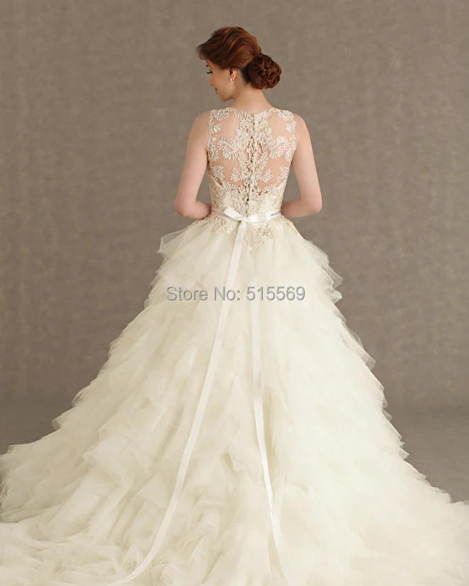 Expensive Luxury Ruffled Tulle Unique See Through Lace Back Designer Elie Saab Ball Gown Wedding Dresses With Sash | Свадьбы и