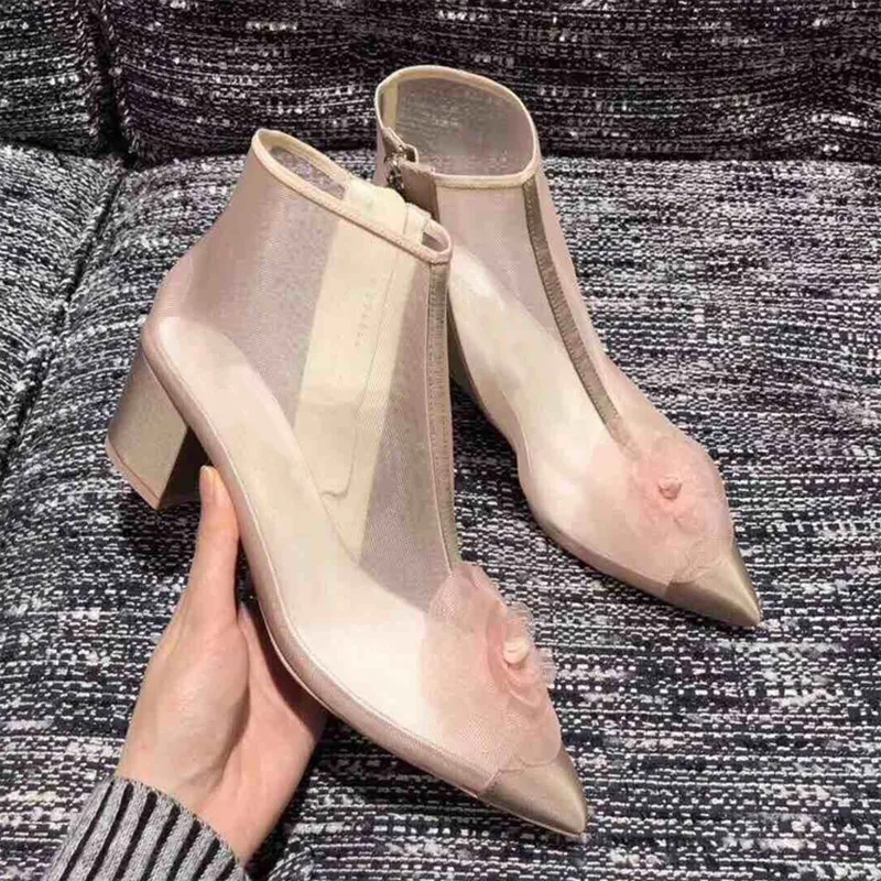 Женские ботинки с острым носком летние туфли лодочки цветочным декором на