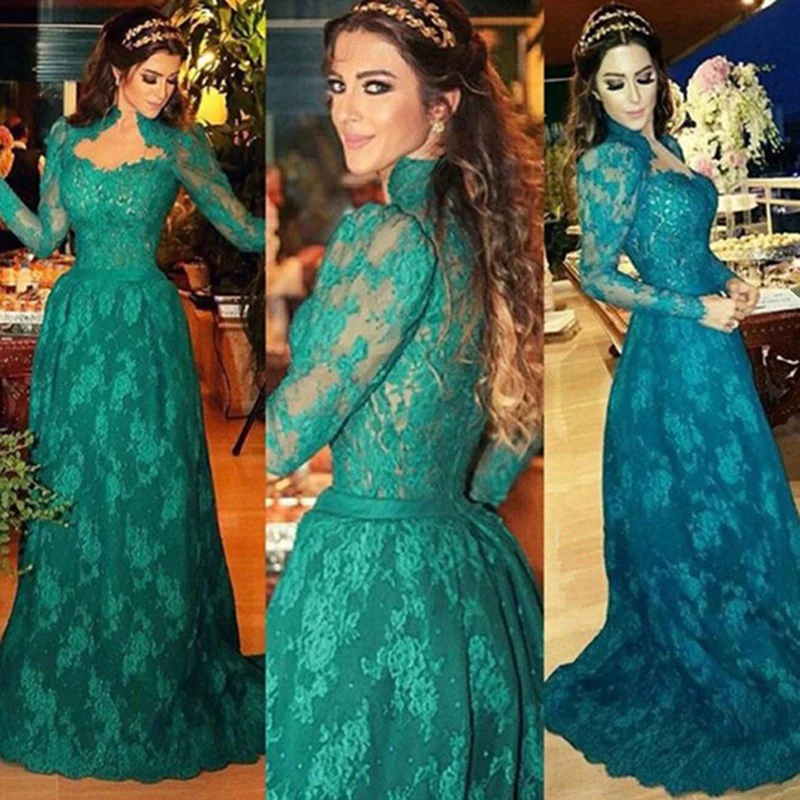 Элегантный Высокий Воротник Blue Lace-Line Пром Платье Vintage Бирюзовый Кружева С Длинным Рукавом Пояса Вечерние Платья vestido де феста
