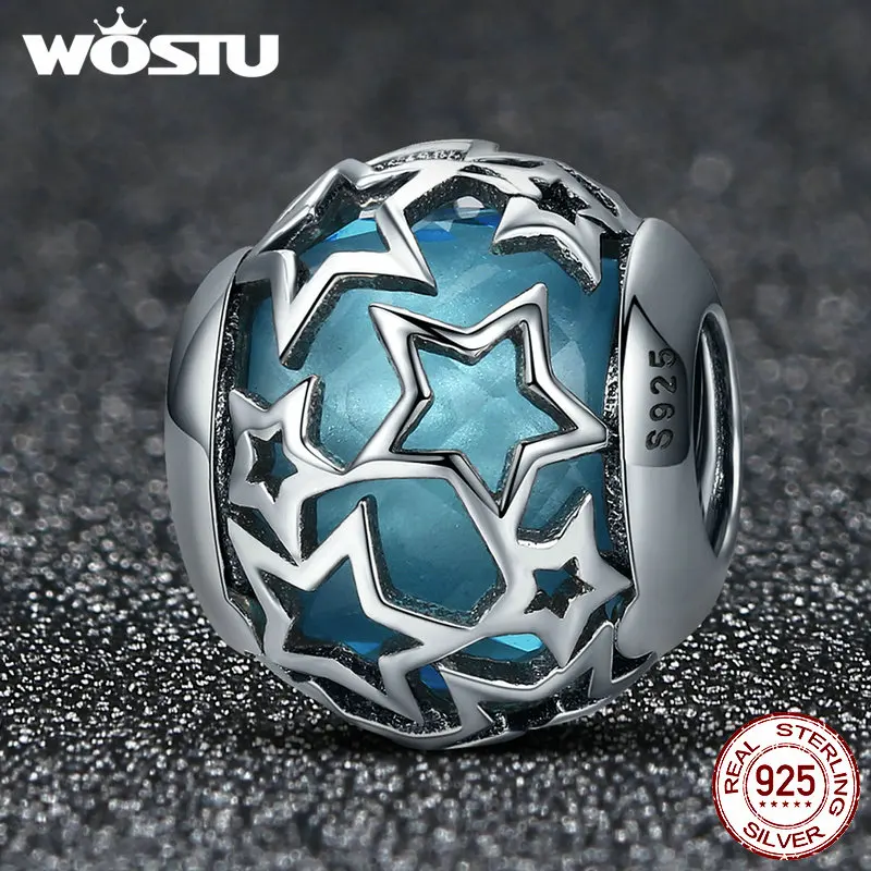 WOSTU 925 пробы серебряные Мерцающие Звезды ажурные синие хрустальные бусины