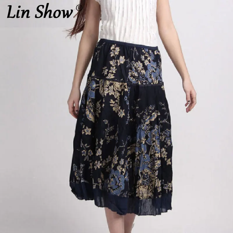 Linshow Лен с цветочным принтом Юбка Femme Vitange Элегантные до середины икры Женская