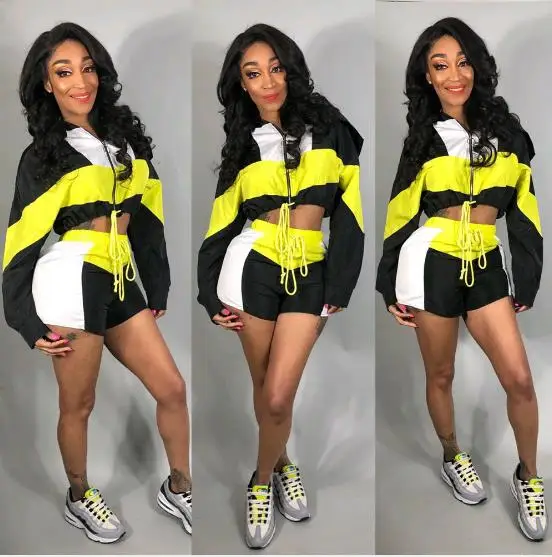 2019 spring and summer hot sale patchwork color casual sexy long sleeve shorts set | Тематическая одежда и униформа