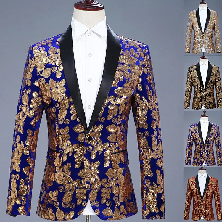 Мужской блейзер с отложным воротником черный бархатный костюм золотыми цветами