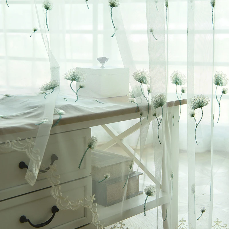 Полувышитая белая и розовая вуалевая занавеска для окон дизайн одуванчика тюль