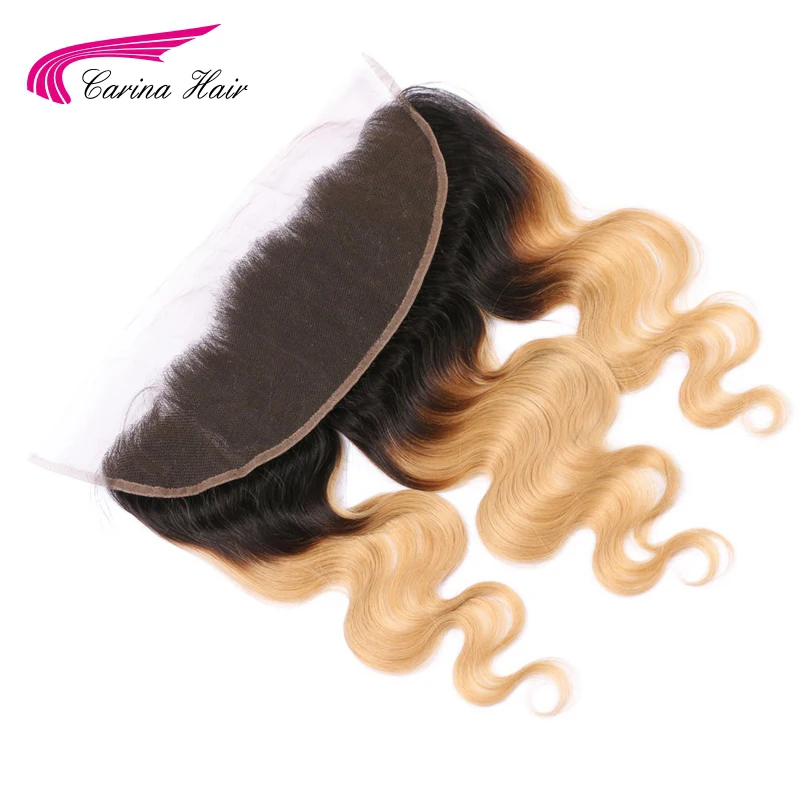Carina Hair Ombre Color T1B/27# 13*4 Ear to Lace Frontal Closure Swiss Bleached Knots Brazilian Remy Free Shipping | Шиньоны и парики