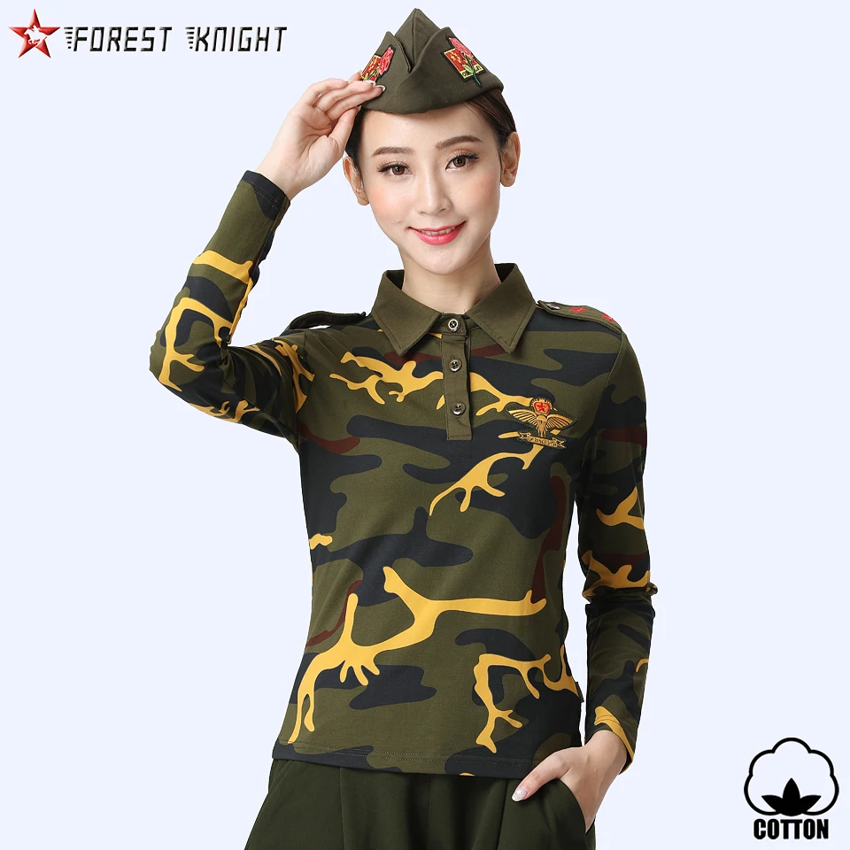 Army Camo Cotton Lapel T shirt Women Outdoor Camping Trekking Hiking Tactical Female Tops Tee Long Sleeve T-shirt Leisure | Спорт и
