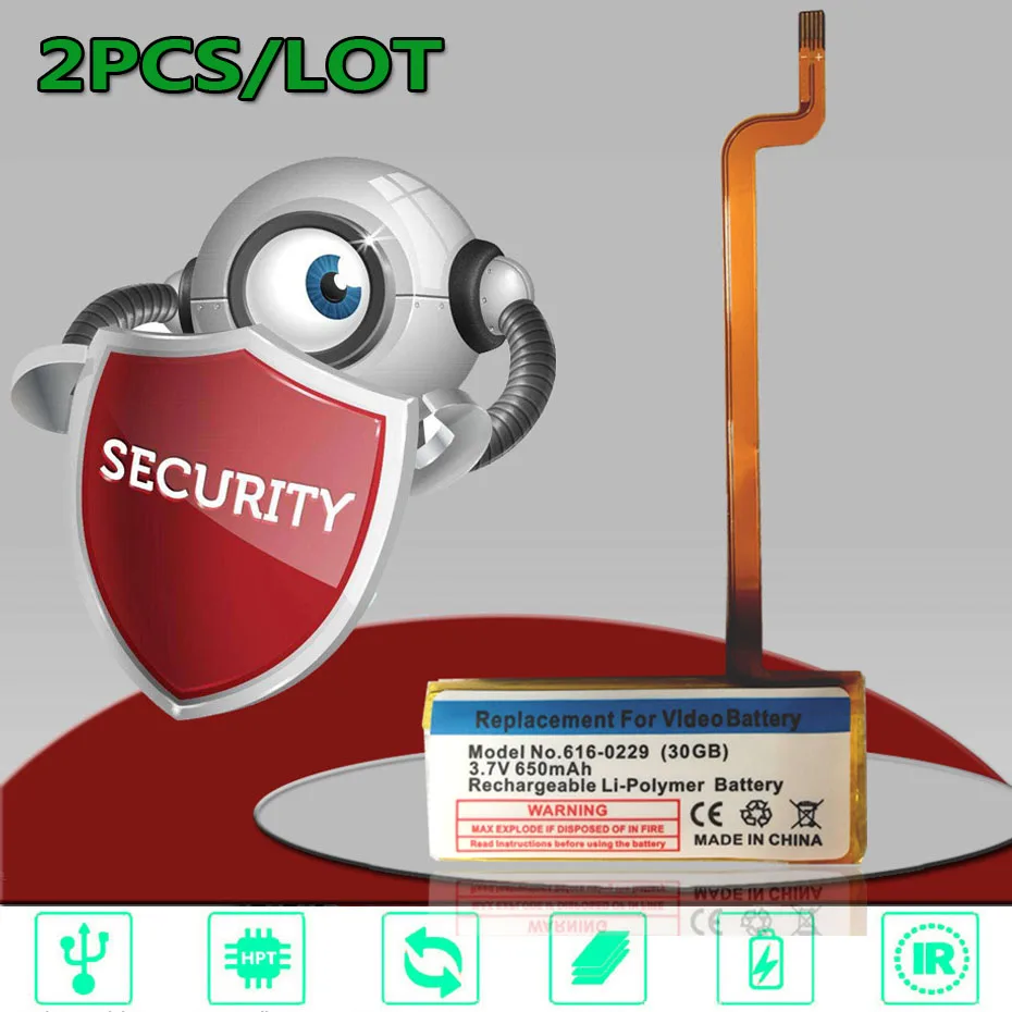 2 шт./лот 650 мАч 616-0229 Батарея твердотельный накопитель для iPod Classic 5th 6th 7th Gen. для детей 5, 6, 7, G5 видео 30 ГБ ~ 256 ГБ A1136 A1036 Аккумулятор AKKU