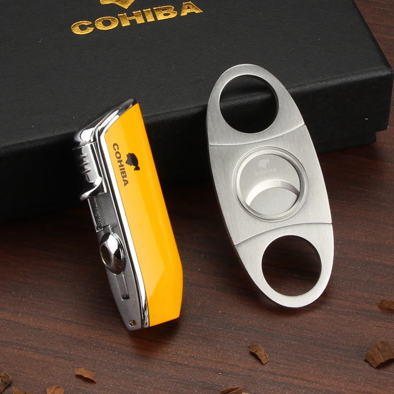COHIBA-encendedor de cigarros con 3 chorros de llama, soplete de Gas, cortador de butano, accesorios afilados para cigarros con punz&oacute;n de Ciagar y caja de regalo-0