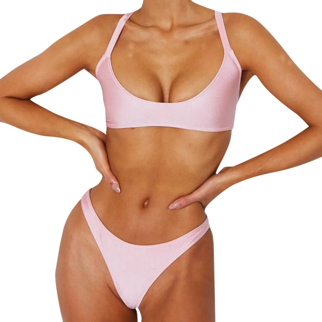 Женский Одноцветный красный купальник со средней талией Раздельный с пуш ап