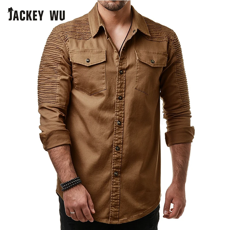 Бренд JACKEYWU джинсовая рубашка для мужчин мода 2019 плиссированные джинсовые