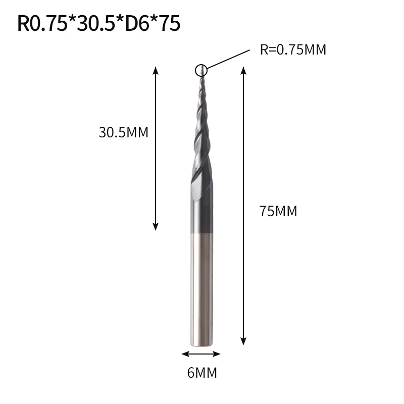 R0.75X30.5XD6X75L Augusttools коническая Концевая фреза HRC 55 Вольфрамовая твердосплавная фреза 3,175 мм 4 мм 6 мм с шариковым носом коническая концевая фреза для дерева и металла - Длина режущей кромки: R0.75X30.5XD6X75L
