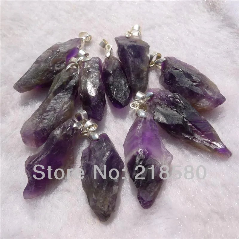 

H-AMD16 10pcs Raw Amethysts Point Pendant Silver Bail Purple Natural Stone Approx 25mm