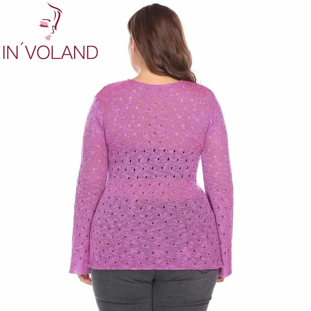 IN'VOLAND Women Sweater Tops Large Size 5XL Casual Autumn Spring Flare Sleeve Slim Hole Hollow Out Thin Female Pullover Sweaters | Женская
