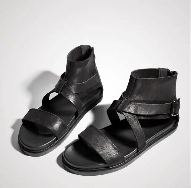 

Summer Men's Sandals Genuine Leather Flats Moccasins High Top Peep Toes Narrow Band Zip Beach Sandal Buckle Casual Shoes Loafers