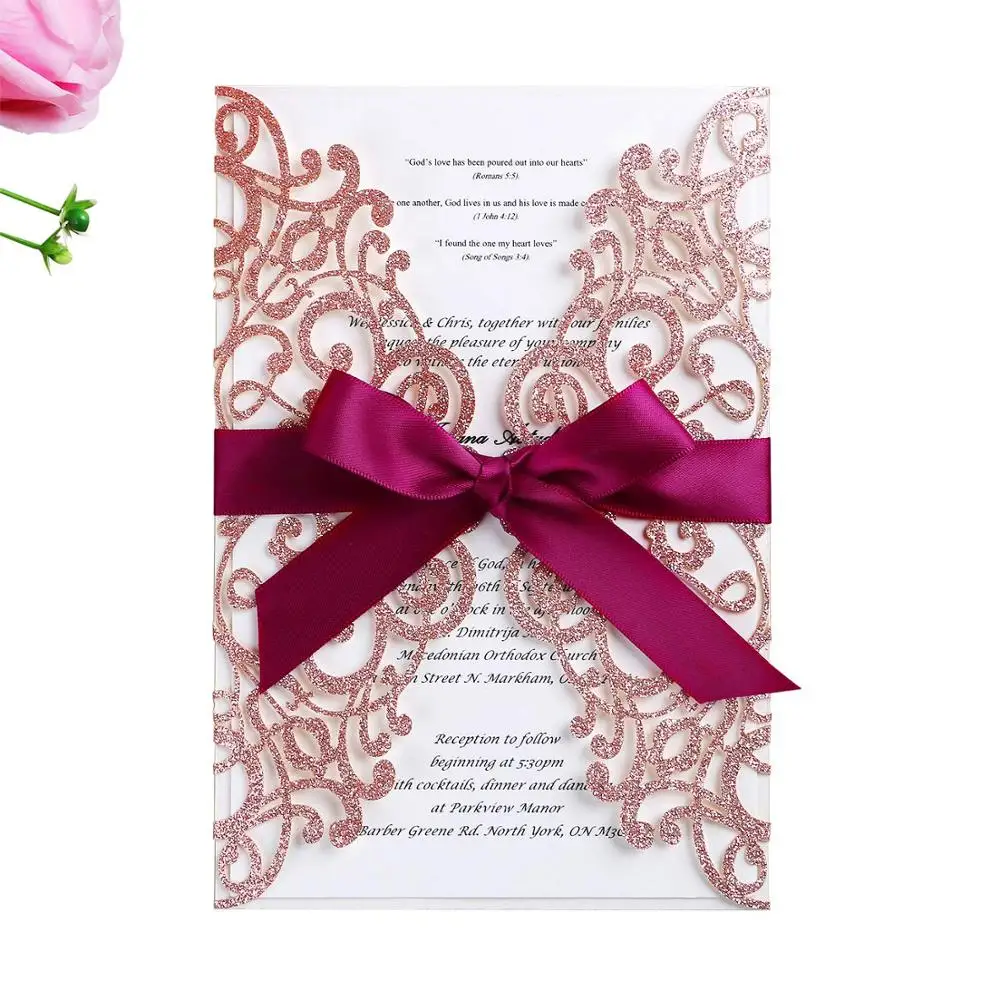 

50PCS Rose Glitter Laser Cut Wedding Invitations Cards with Ribbon and Envelopes for Bridal Shower Engagement Birthday Party