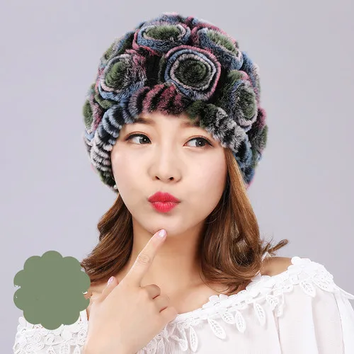 green flower Женские вязаные шапки из кроличьего меха Зимние шапки для женщин толстые Gorro; Теплый Женский шапки с помпонами gorros Mujer Invierno MY805 - Цвет: green flower