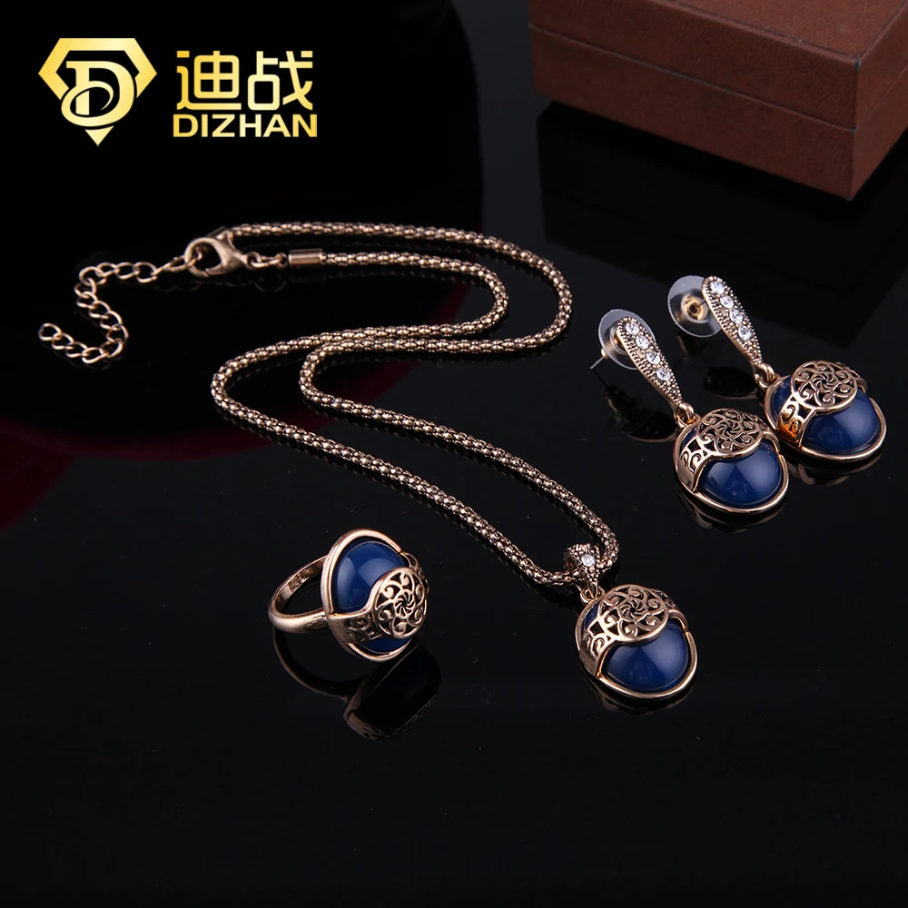 Luxury Gold Color Blue Imitation Gem Dubai Bridal Jewelry Set For Bride Necklace Earring Wedding Party Women Sets | Украшения и