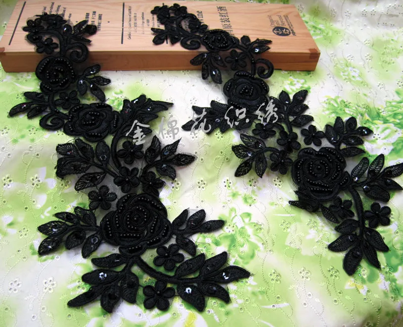 

Free shipping Black and white car bone nail bead sequined dress lace wedding dress accessories Lace applique 6piece
