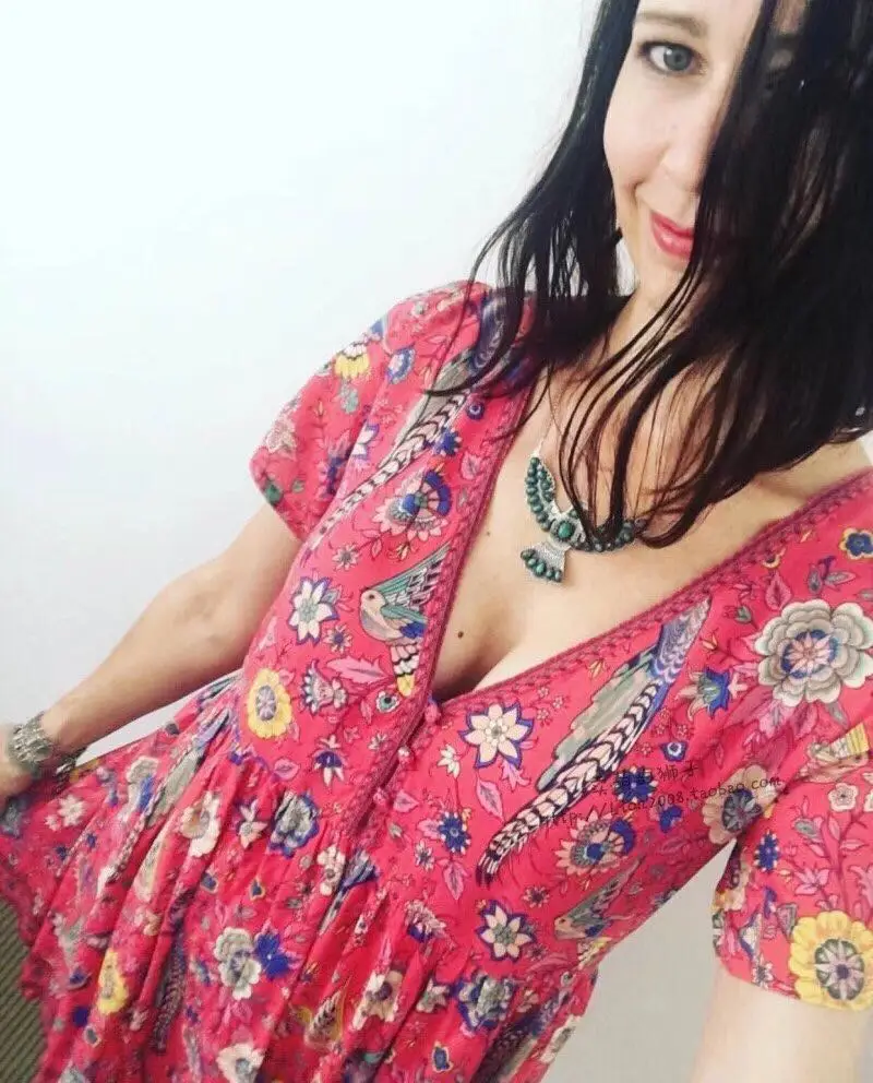 2017 Для женщин красный глубокий v образным вырезом короткий рукав с цветочным