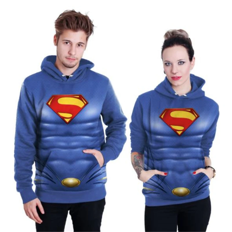 New Halloween Superhero Plays Print Long-Sleeved Hooded Clothes For Men And Women Lovers Superman Blue Hoodies | Женская одежда