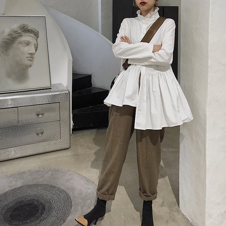 

Women designer white irregular shirt long sleeve Asymmetry hem big ruffles blouse ruffled collar big pocket high quality blouses