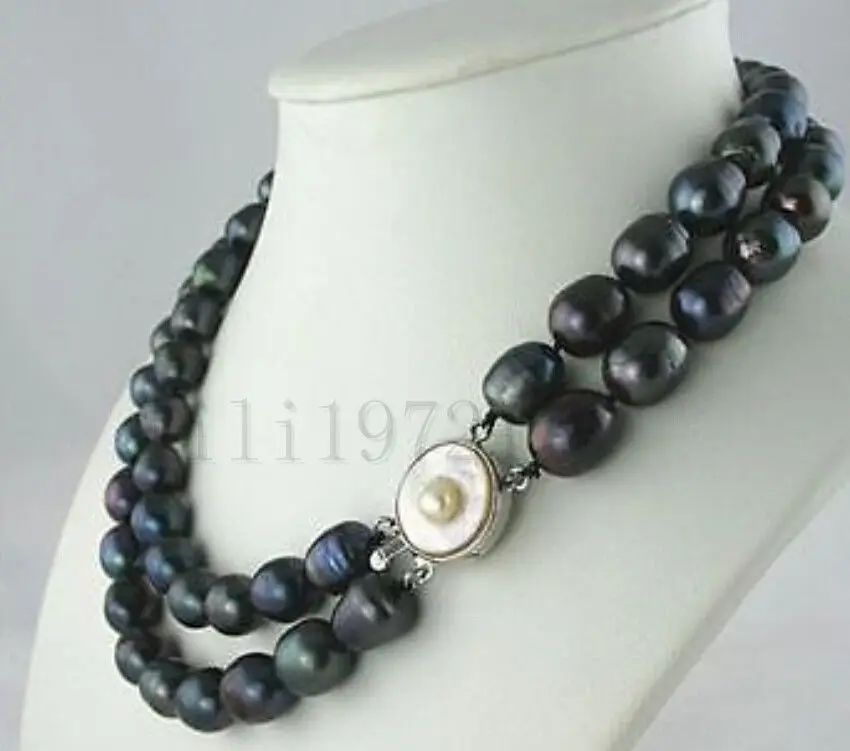 

Women Gift word Love Shipping >>>>>2 Row 9-11mm black baroque Freshwater PEARL NECKLACE 17-18" mujer for -jewelry