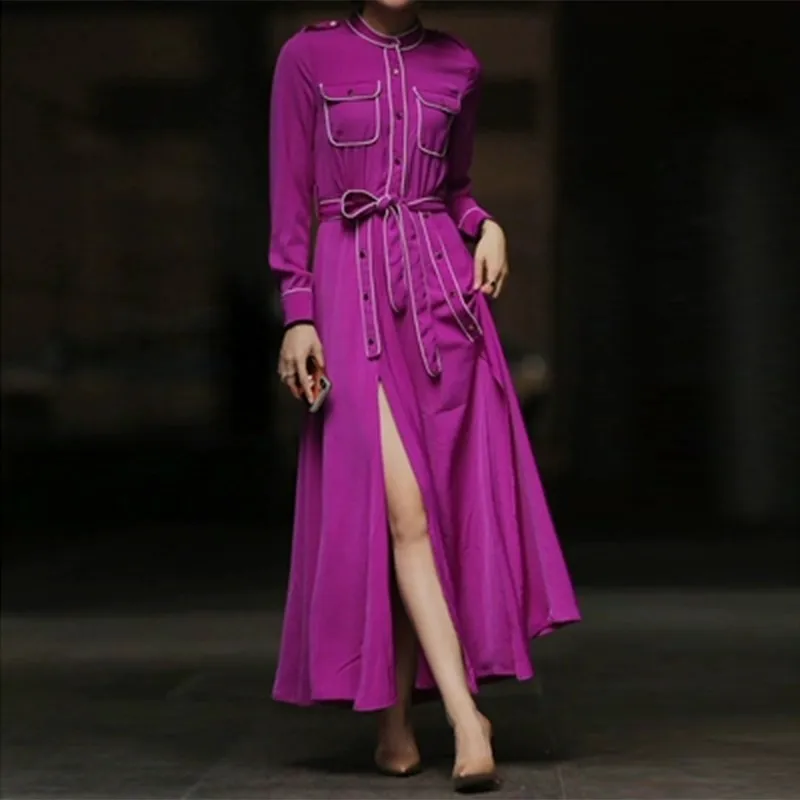 rosered TWOTWINSTYLE, элегантное платье-рубашка, женское платье с длинным рукавом, высокая талия, на шнуровке, с разрезом сбоку, длинные платья для женщин,, Весенняя мода, новинка - Цвет: rosered