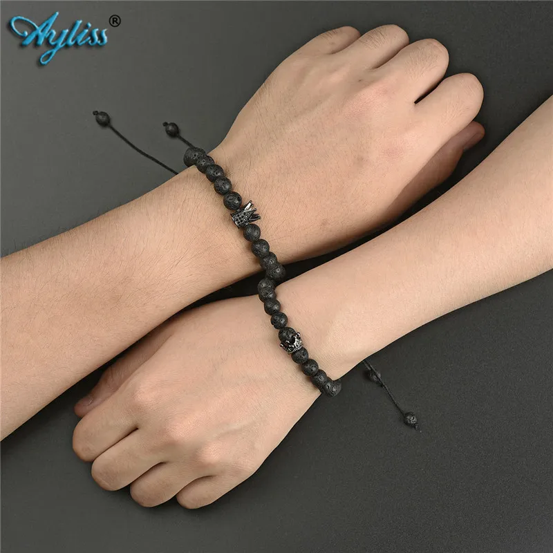 

Ayliss Bulk Price Couples His Queen Her King Zircon Braid Bracelets 8mm Natural Stone Lava Beads Adjustable Bracelet Jewelry