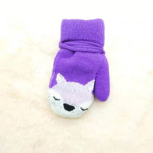 Purple Новые милые детские перчатки с рисунком лисы для детей 0-3 лет, зимние шерстяные теплые вязаные перчатки для мальчиков и девочек - Цвет: Purple
