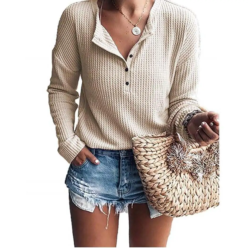 Женская модная Однотонная рубашка на пуговицах Повседневная Длинная с v-образным