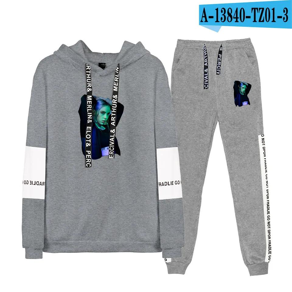 gray Новинка billie eilish, толстовка с капюшоном, женская мода, белые толстовки, свитшоты+ черные спортивные штаны, костюмы, Осень-зима, теплый пуловер - Цвет: gray