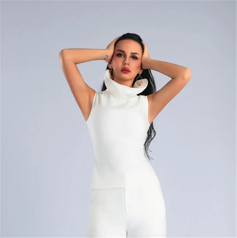

Top Quality White Elegant High Collar Women's Club Party Tops Fashion Tanks Best Match