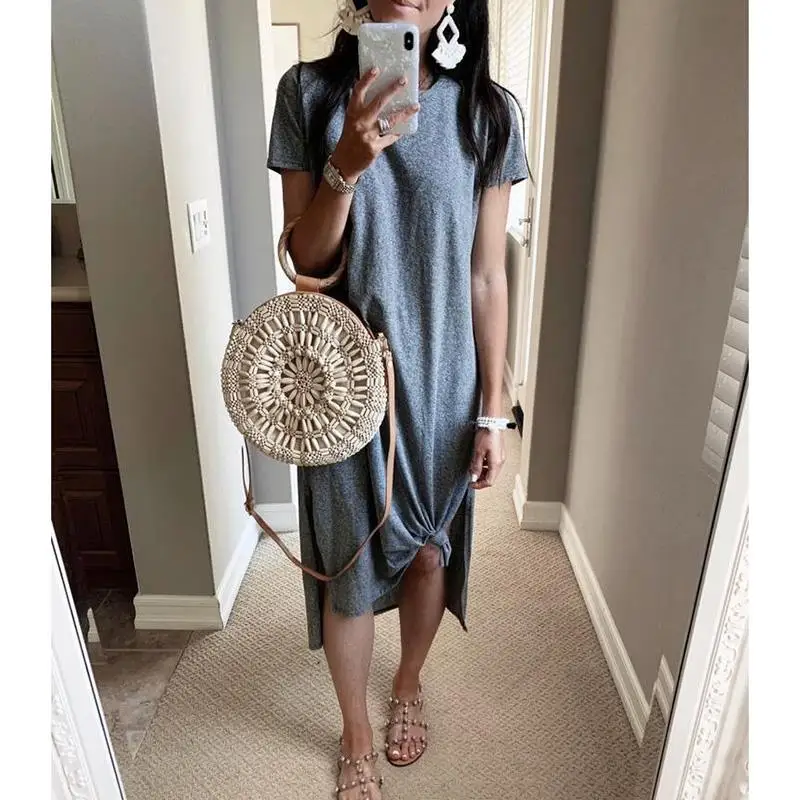 

Plus Size L-5XL Summer Maxi Dresses Women Femme Boho Long Casual Short Sleeve O-Neck Solid Loose Dress SJ2811C