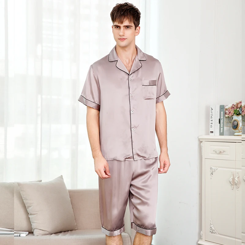 men's pajama sets 2019 new fashion brand summer short sleeve knee length shorts silk pajama set for man silk sleep night wear