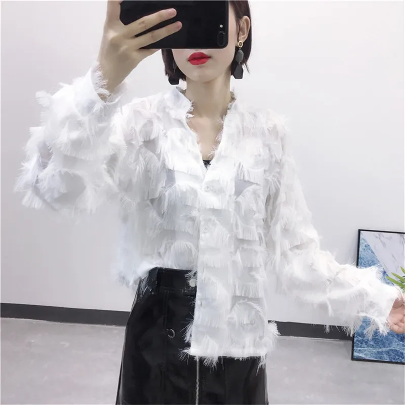 white blouse Neploe Осенняя рубашка корейская мода перья кисточка женская блузка Шикарная новая мода v-образный вырез элегантная женская рубашка 68454 - Цвет: white blouse