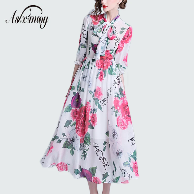 Maxi Dresses for Women High Quality Elegant Chiffon Party Dress 2018 Big Swing Slim A Line Vintage Floral | Женская одежда