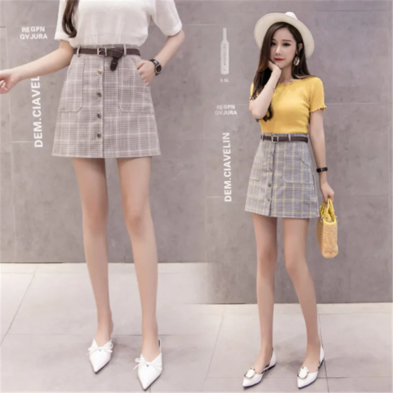 2018 New Women Skirts Plaid Mini Skirt Female Falda Buttons High Waist Saia Femininas Single Breasted Jupe Femme Tartan | Женская одежда
