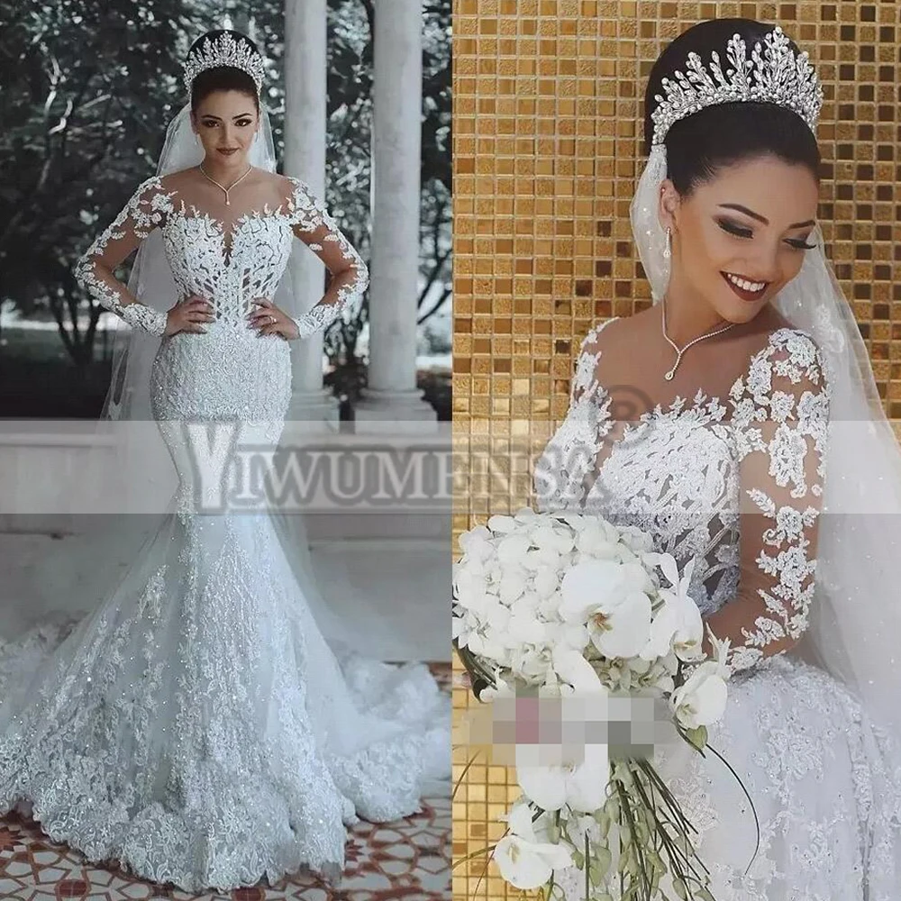 

Dubai Saudi Arabic Mermaid Wedding Dress Plus Size Full Sleeves Robe De Marriage Bride Appliques Lace Beads Bridal Gowns Chic
